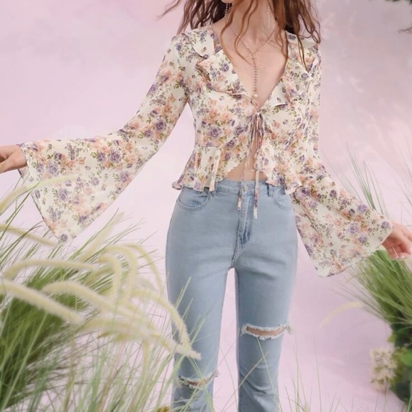 SHEIN Tie Front Floral Kimono - Picture 2 of 5